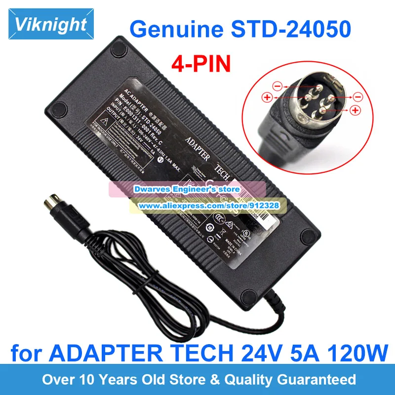 Genuine STD-24050 24V 5A AC Adapter 120W for ADAPTER TECH TD-24050(RevA/B) Laptop Charger E0001311-0001 4PIN/3PIN/8PIN/5.5x2.5mm