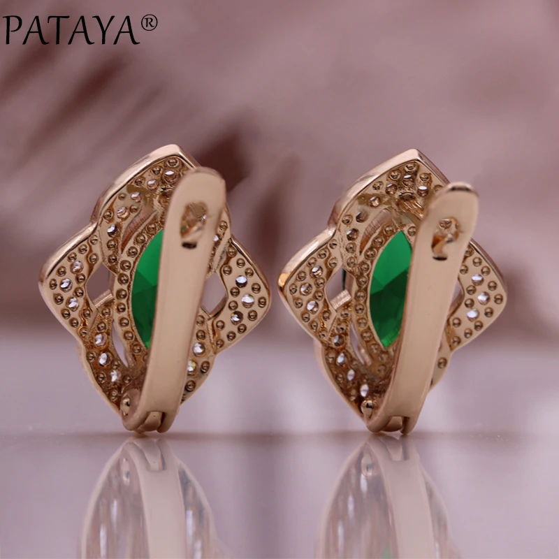 PATAYA New Rhombus Green Earrings Women Fashion Wedding Cute Fine Jewelry 585 Rose Gold Color Natural Zircon Dangle Earrings