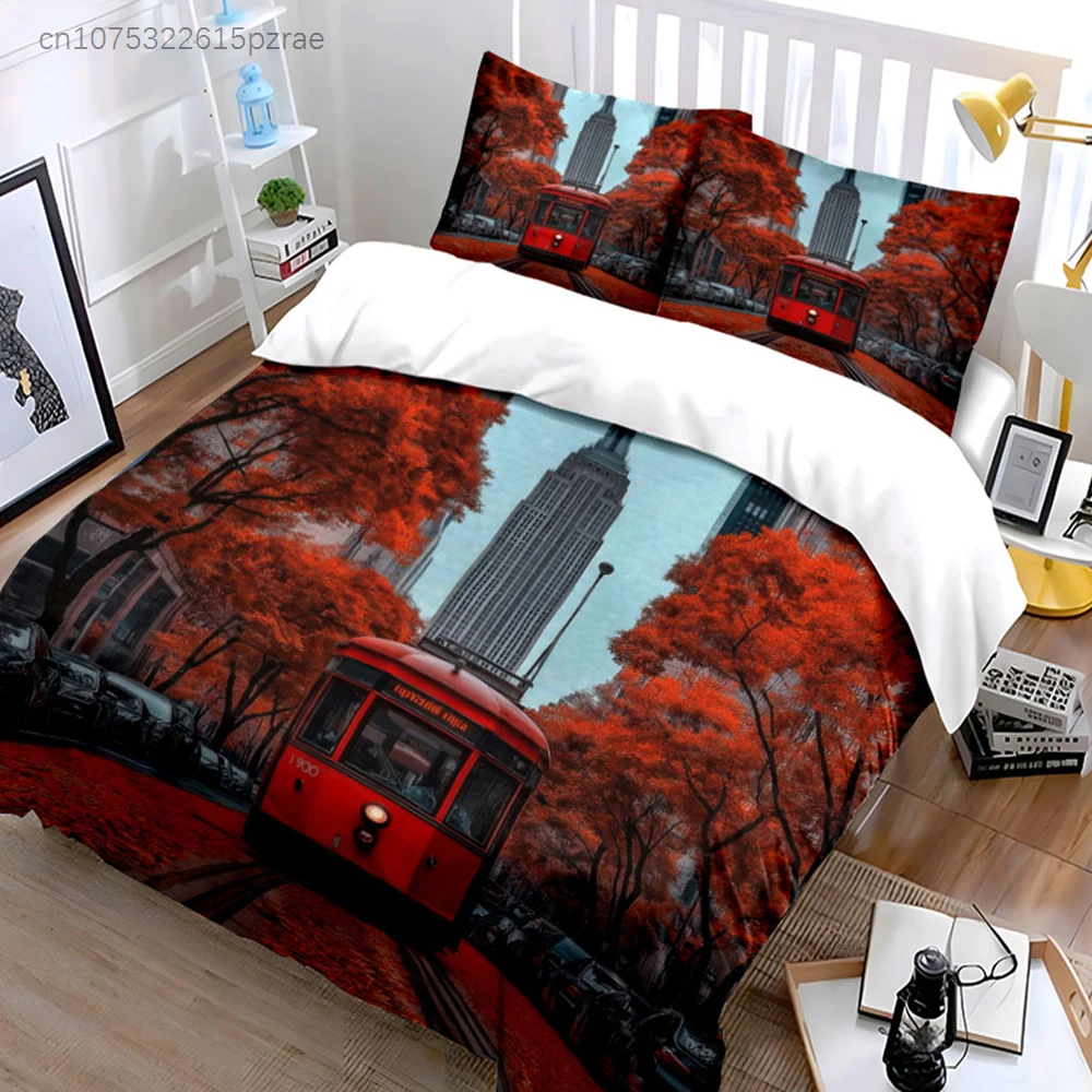 Vintage Red Tram With Autumn Trees NYC 3PCS Bedding Set Soft Duvet Cover Pillowcase Set For City Travel Lovers Bedroom Decor