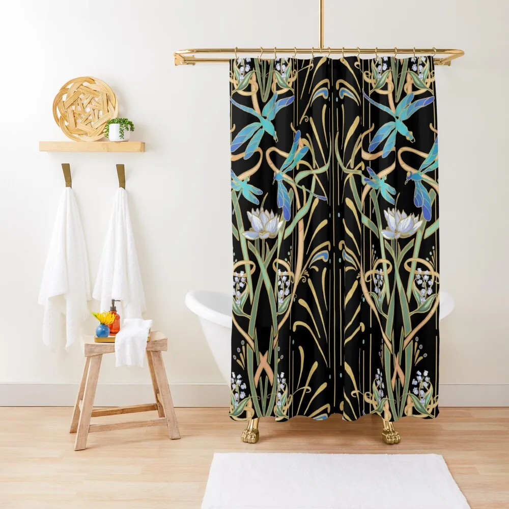 

Art Nouveau Dragonflies Pattern | Black Shower Curtain Shower Curtains Bathroom Waterproof Fabric Bathroom Curtains