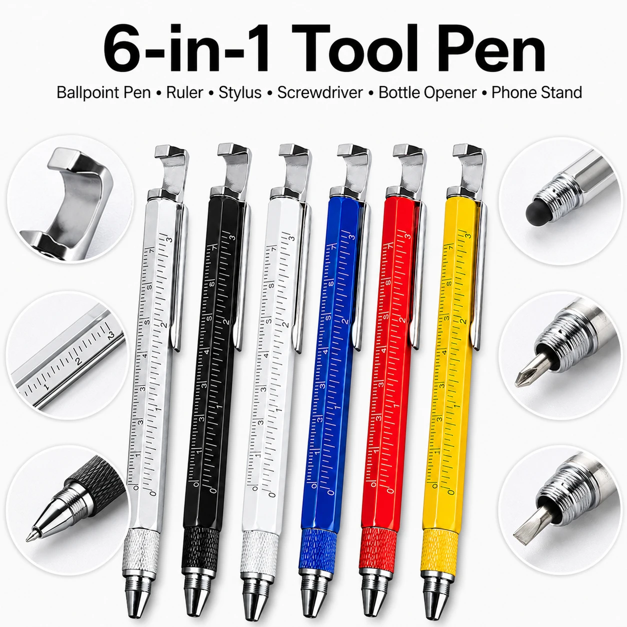 1Set 6-in-1 Multi-Tool Pen, Phone Holder Stand Bottle Opener Stylus Ruler Double-Ended Screwdriver Ballpoint Pen Gift