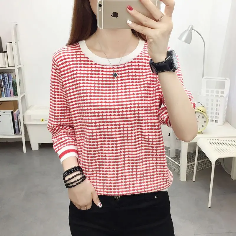 Autumn Winter Women\'s Clothing Pullover Long Sleeve Round Neck Checkered Contrast Color Sweater Knitted Casual Elegant Tops