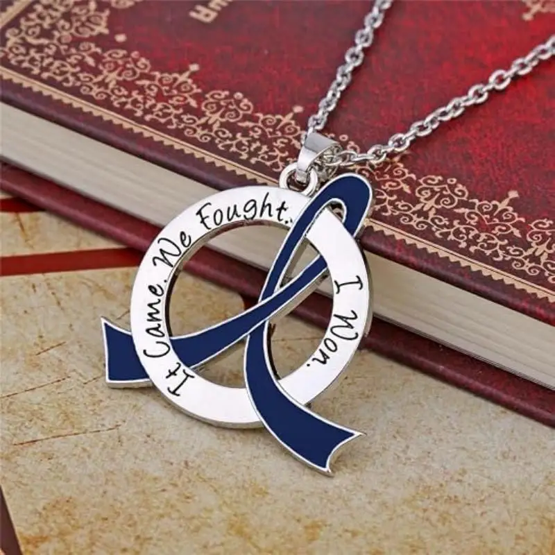 Awareness Ribbon Pendant Necklace Engraved Slogan Charm Multicolor Survivor Inspirational Memorial Jewelry Gift for Women Men