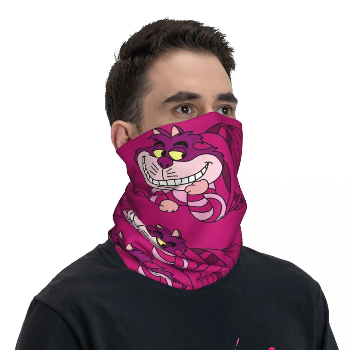 Custom Cheshire Cat Bandana Neck Gaiter for Hiking Hunting Men Women Wrap Scarf Alice In Wonderland Cartoon Balaclava Warmer