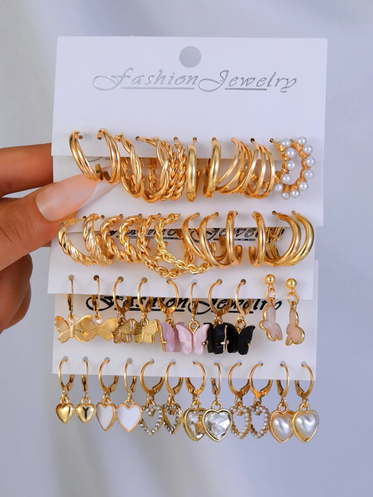 23 Pcs Gold Color Hoop Earring Set for Women Boho Vintage Butterfly Heart Pearl Circle Dangle Earrings New Trendy Jewelry Gifts