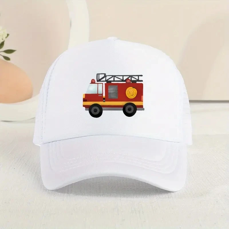 Casual Trendy Fire Truck Mesh Stitching Cap, Sun Protection Comfortable Breathable Cap For Summer Holiday Outdoor Traveling Boys