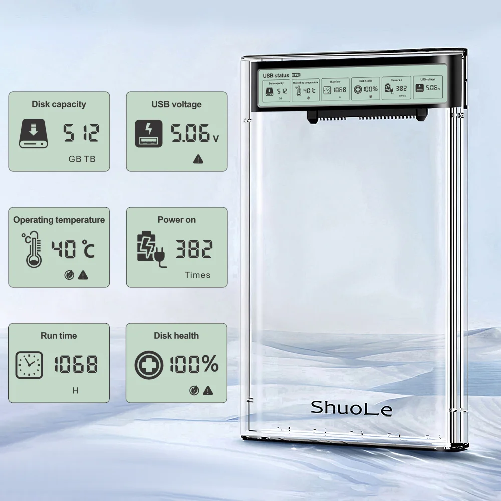 2.5 بوصة شفافة HDD الضميمة شاشة ذكية خارجية HDD قذيفة USB3.2 Gen2 SATA HDD SSD حقيبة للتخزين لأجهزة الكمبيوتر المحمول