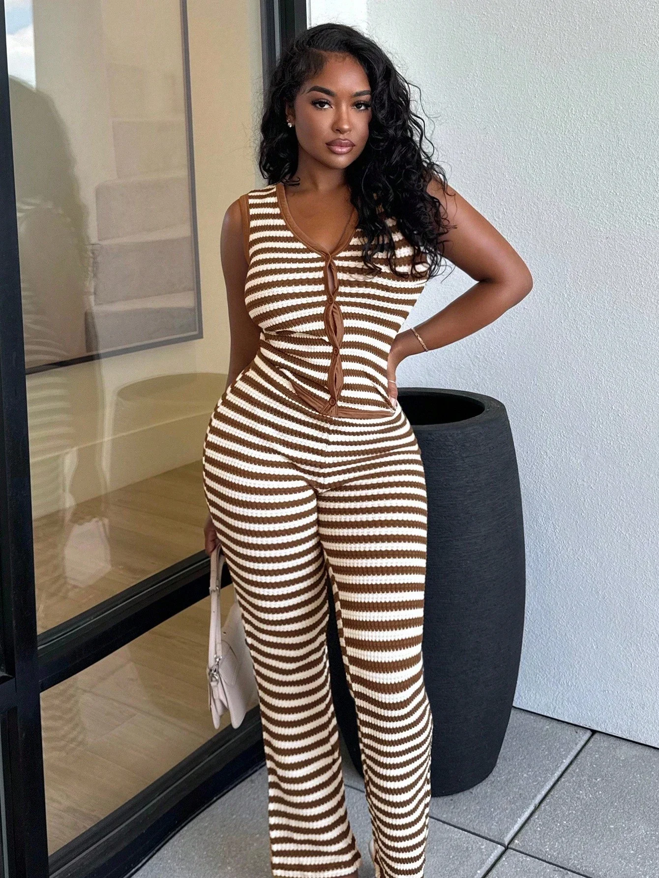 

Women Summer Stripe Front Button Camisole And Long Pants 2 Piece Set