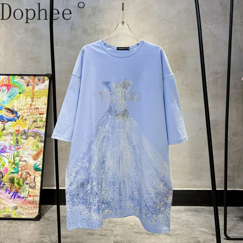 High Quality Wedding Dress Hot Drilling Mid-long T-shirt Short Sleeve Oversize Casual Dress All-match Loose O-neck Pullover Top