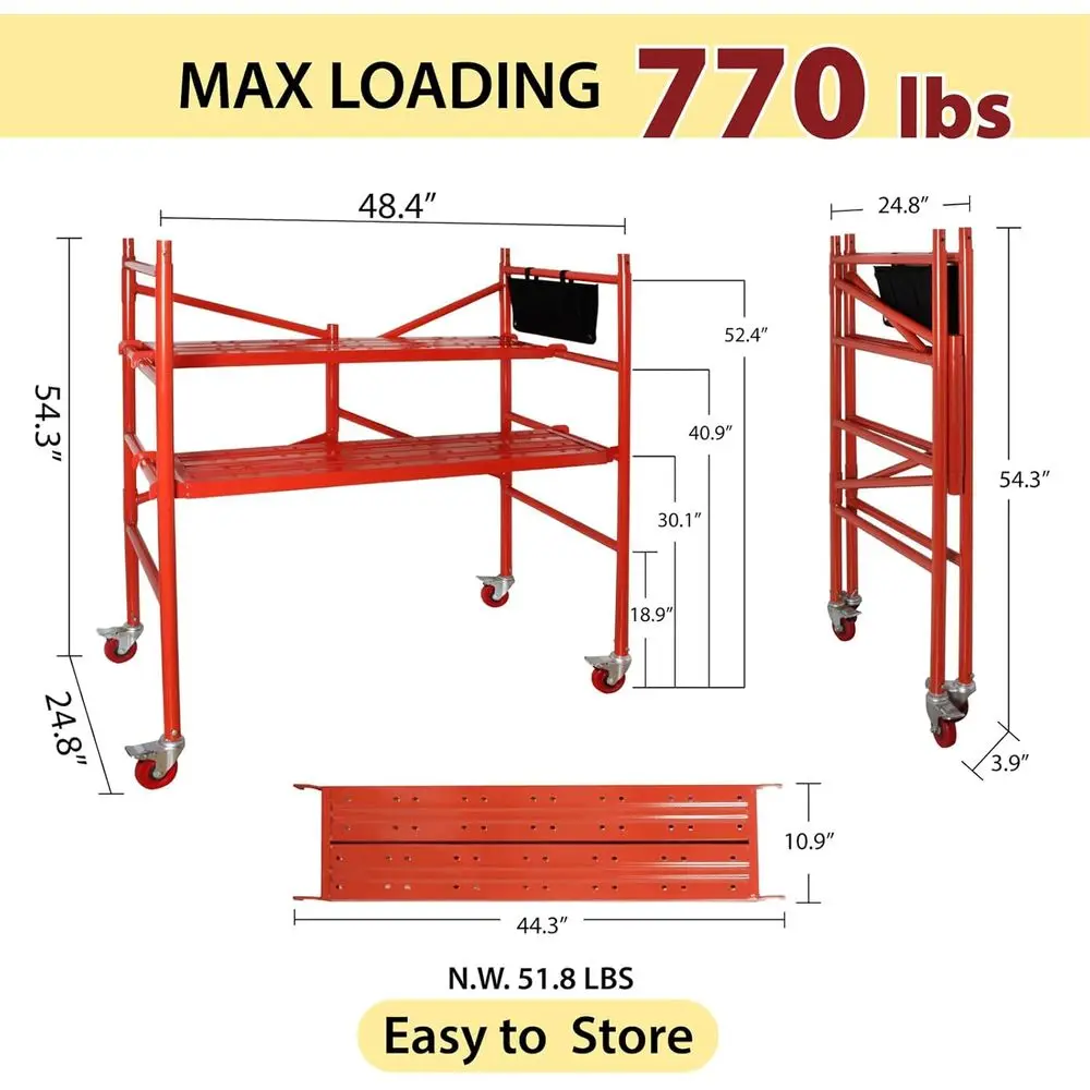منصة سقالة 4 أقدام عالية السقالات المتنقلة سعة 770 رطل مع عجلات قفل وحقيبة أدوات، أحمر