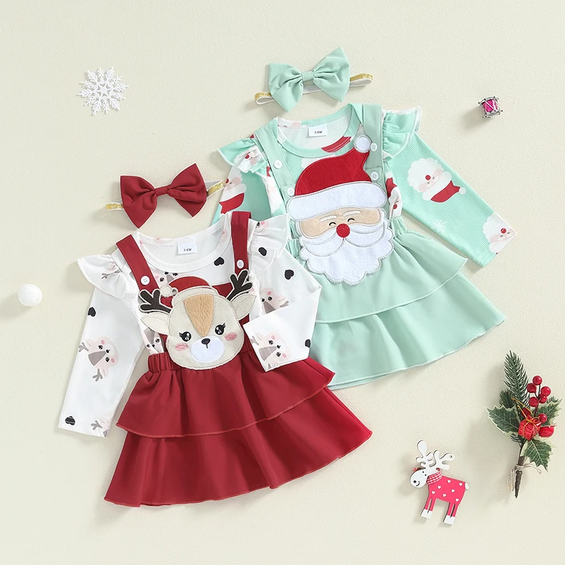 Baby Girl Christmas Outfits Santa/Deer Print Long Sleeve Romper Ruffles Suspender Skirt Headband 3Pcs Clothes Set