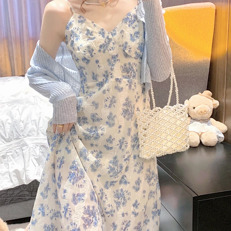 2023 Spring Summer Women Elegant Dress Suit Blue Long Sleeve Thin Cardigans+Sexy Floral Print Long Sling Dress Two-piece Female