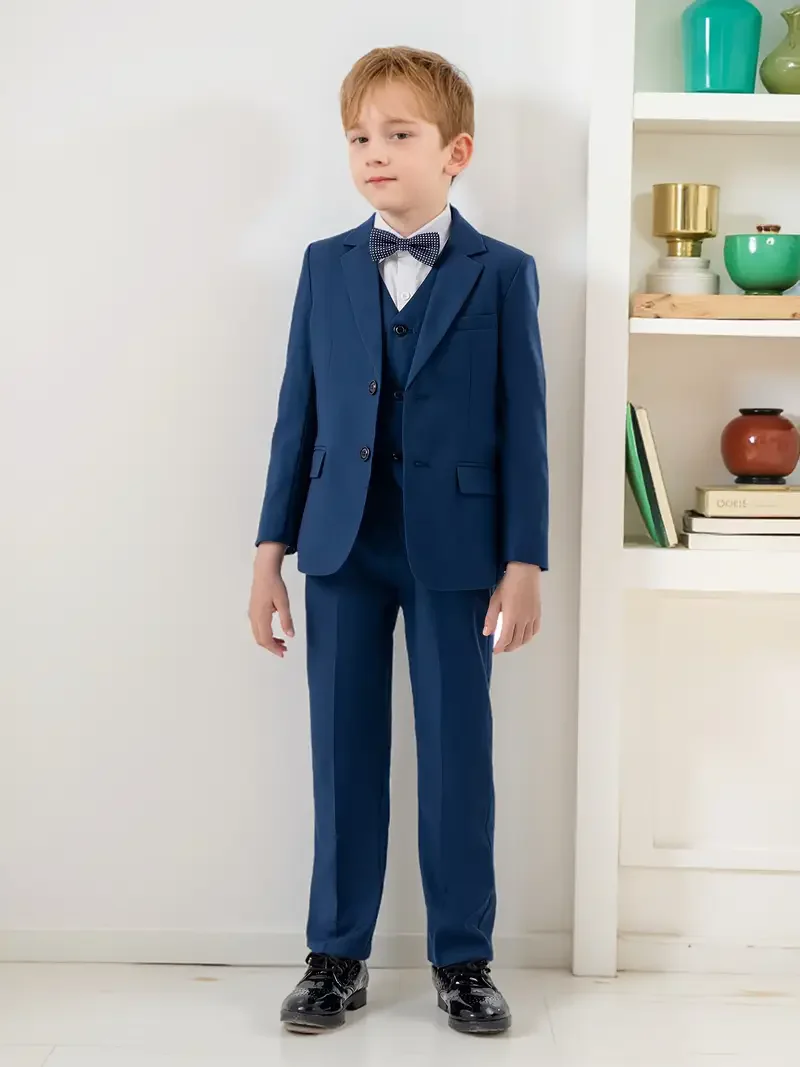 Boys Formal Blue 4Pieces/Set Jacket Vest Pants Bowtie Wedding Suit Boys Birthday Party Dress Children's Host Piano Blazer Suit