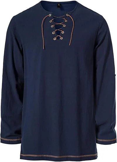 Mittelalterliches Schnür-Tunika-Hemd für Herren, Renaissance-Wikinger-Piraten-Kostüm, langärmliges Retro-Oberteil mit Gürtel für Halloween-Cosplay – Detail 5