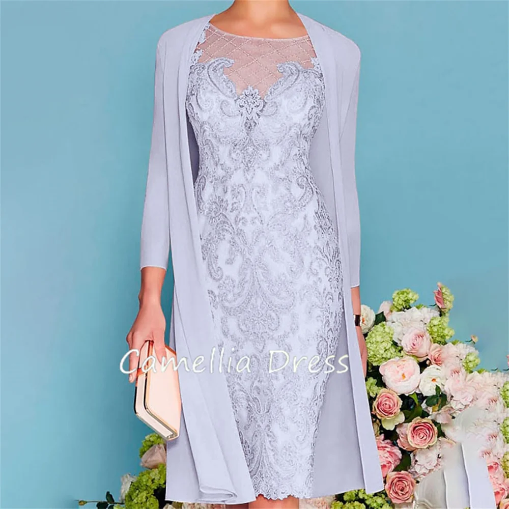 Elegant Scoop Neck Mother Of The Bride Dress Sheath Chiffon Lace with Beading Formal Dresses Vestidos Mae Da Noiva Casamentos