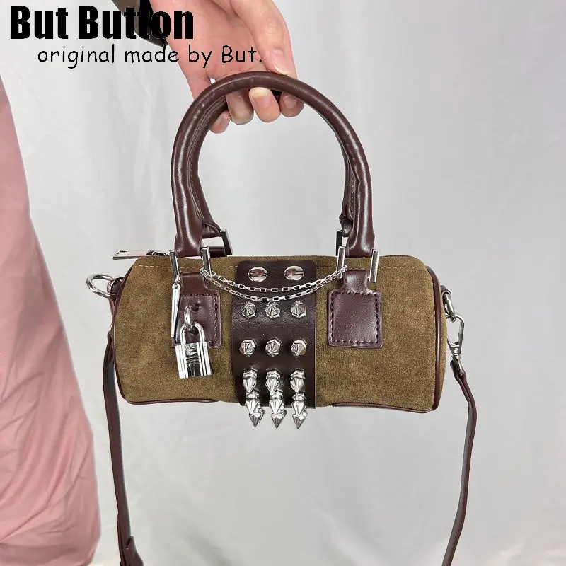 Y2k Vintage Harajuku Punk Advanced Design Of Rivet Lock Chain One Shoulder Handbag Women’s Brown Velvet Tote Crossbody Bags