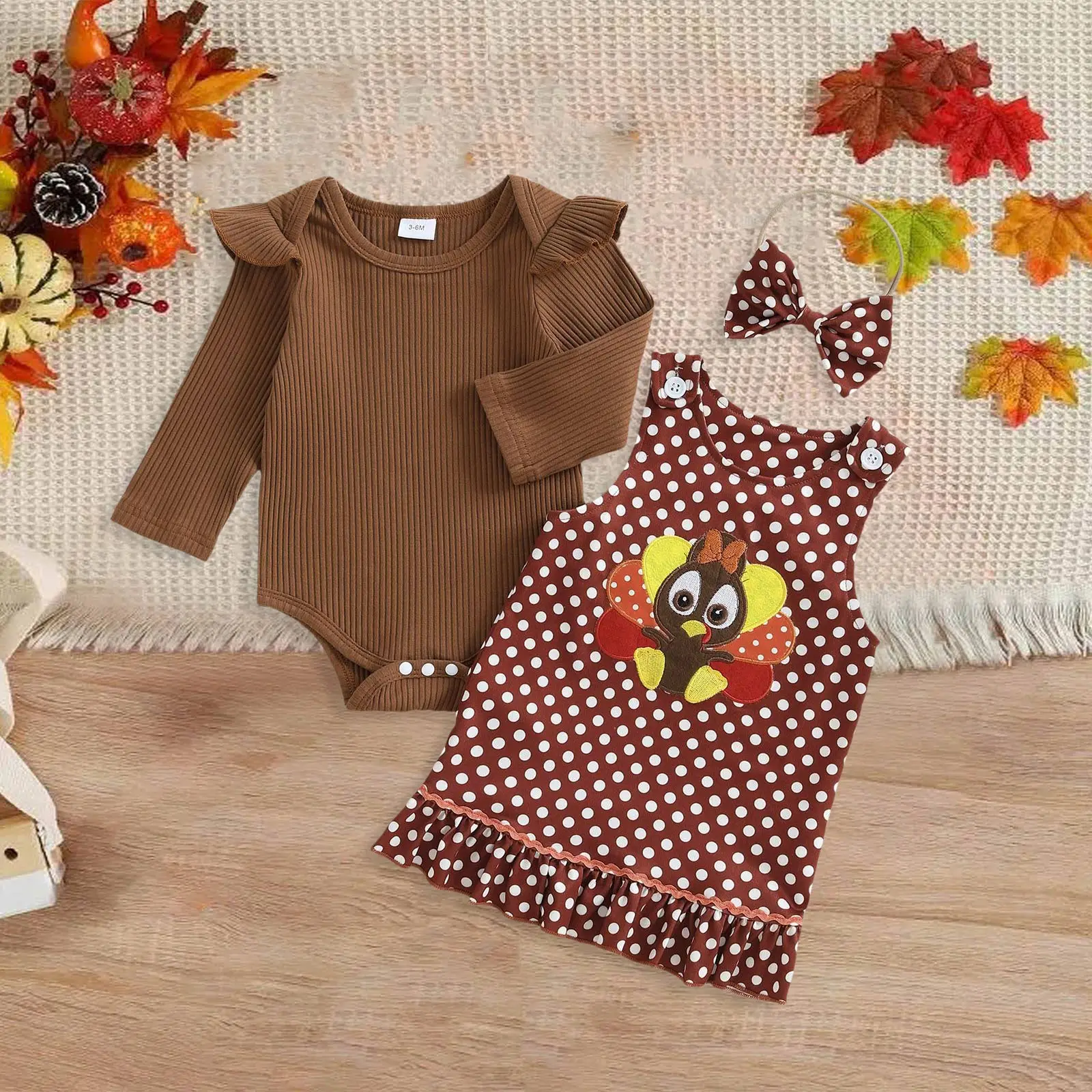 

Baby Girl Outfit Set Comfortable Soft Fashion Thanksgiving Turkey Printed Romper Dress And Headband 3Pcs Infant Toddler Clothing