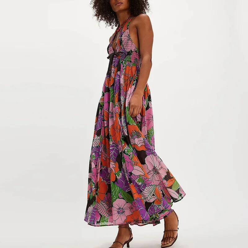 เดรสวินเทจลายดอกไม้แบบผูกคอ ชุดราตรีเซ็กซี่เปิดไหล่ เอวสูง จับจีบ ชุดเดรสเปิดหลังทรงสวิงสุดอินเทรนด์ ชุดเดรสไปทะเลสำหรับผู้หญิง