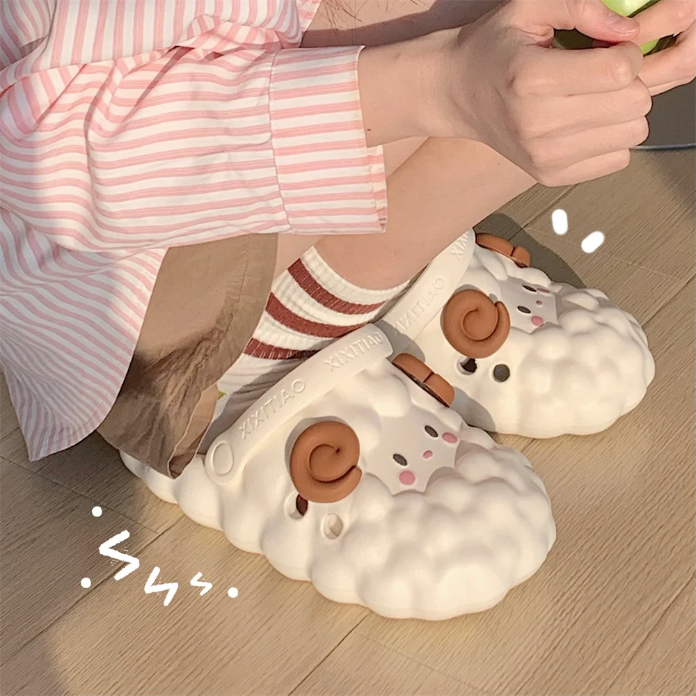 Cute 3D Sheep Slippers For Female Summer Hole Sandal Garden Shoes Outdoor Children Parents Sandals Home Slipper