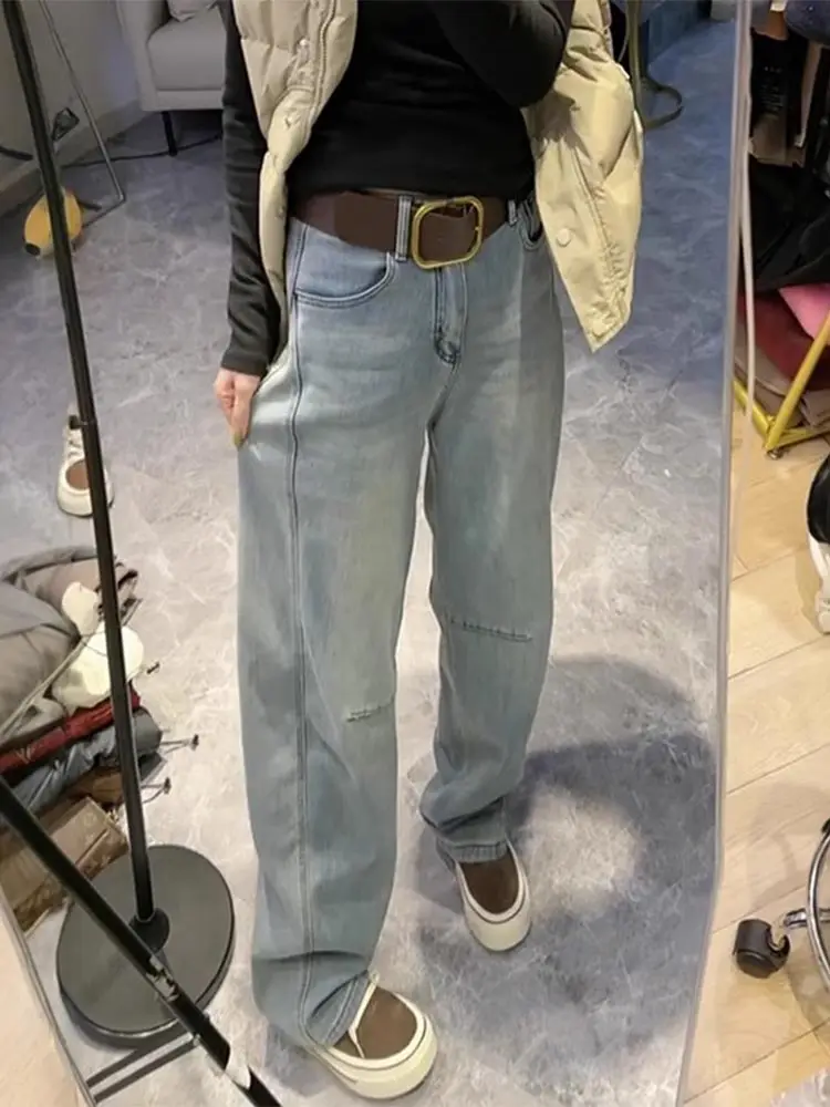 

Slim Wide Leg Denim Jeans Women's Loose Straight High Waist Retro Hong Style Casual Slimming Floor Length Pants Autumn Spring...