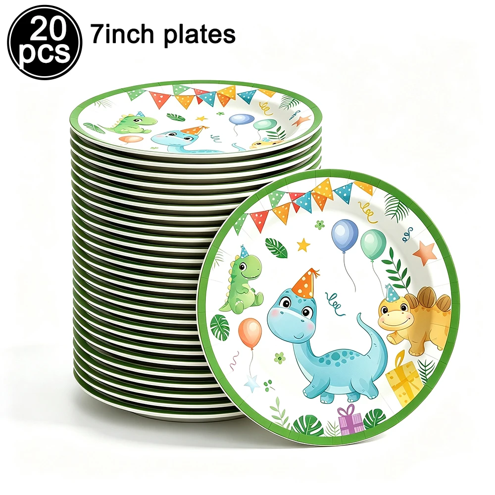 Cute Cartoon Green Dinosaur Disposable Tableware Paper Plates Cups Napkins Tablecloth Birthday Party Baby Shower Decor Supplies view 4