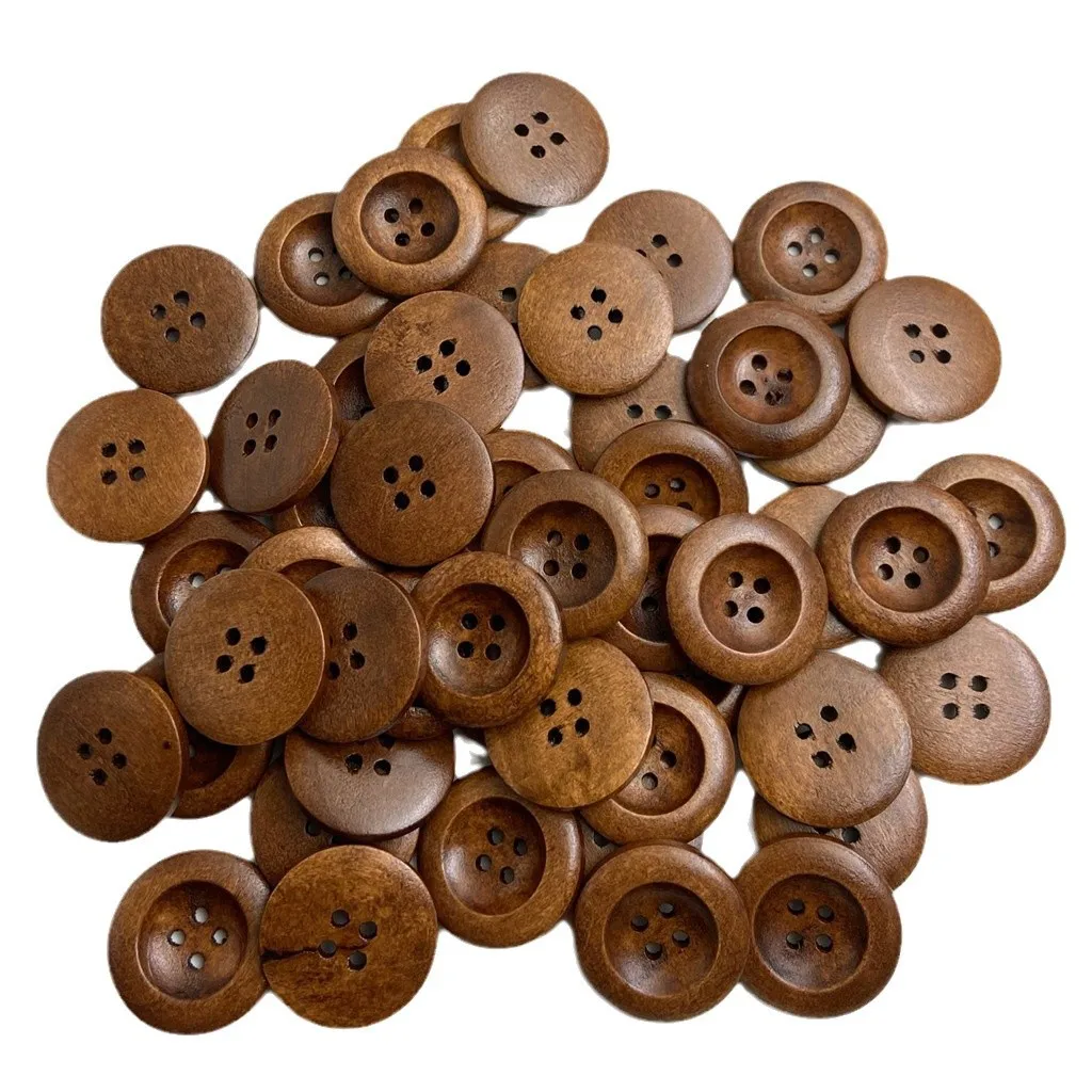 25Mm light coffee four-eye wooden button, wooden round edge button, coat trench coat handmade clothing wooden button 50 pcs/bag