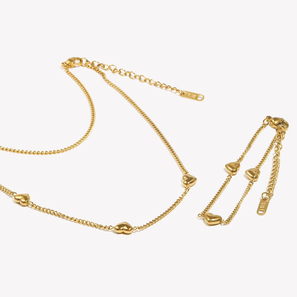 E.B.belle Heart Chain Bracelet Necklace Simple Stainless Steel Women\'s Hand Bracelets Sweet Style 18K Gold Plated Jewelry Set