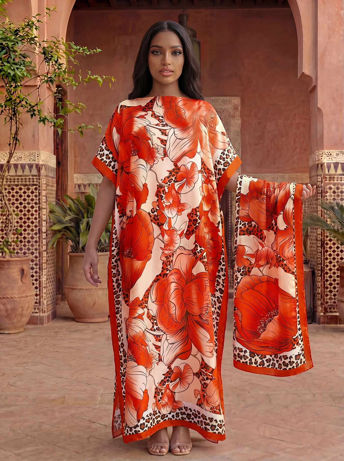Leopard Border Big Floral Print Satin Abaya With Scarf, Loose Maxi Kaftan For Muslim Women Summer Beach Wear view 4