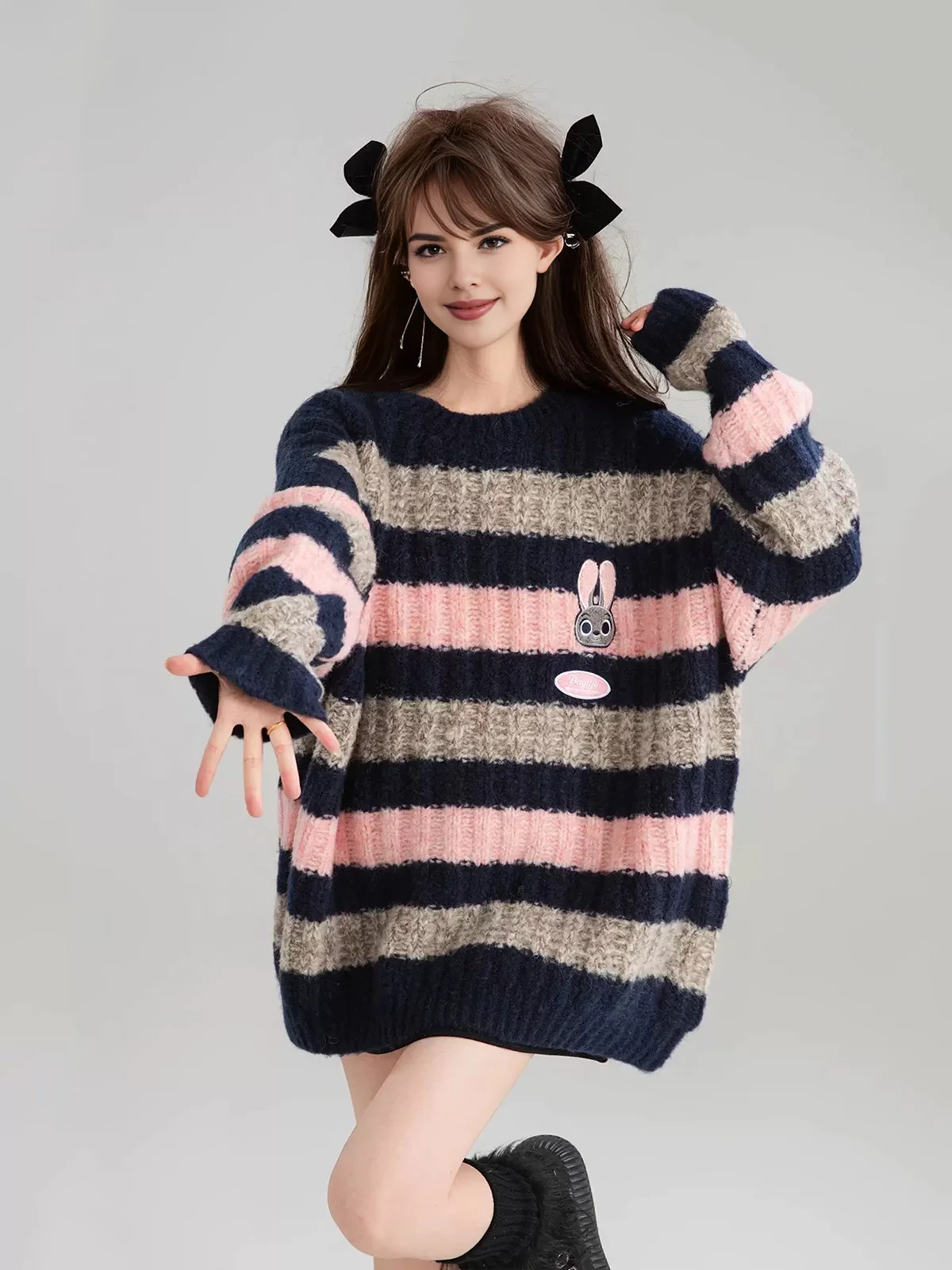 2024 Winter Women y2k Baggy Kawaii Pink Striped Sweaters fo Sweet Coquette Cutecore girl Knitted Pullovers Top Oversized Clothes