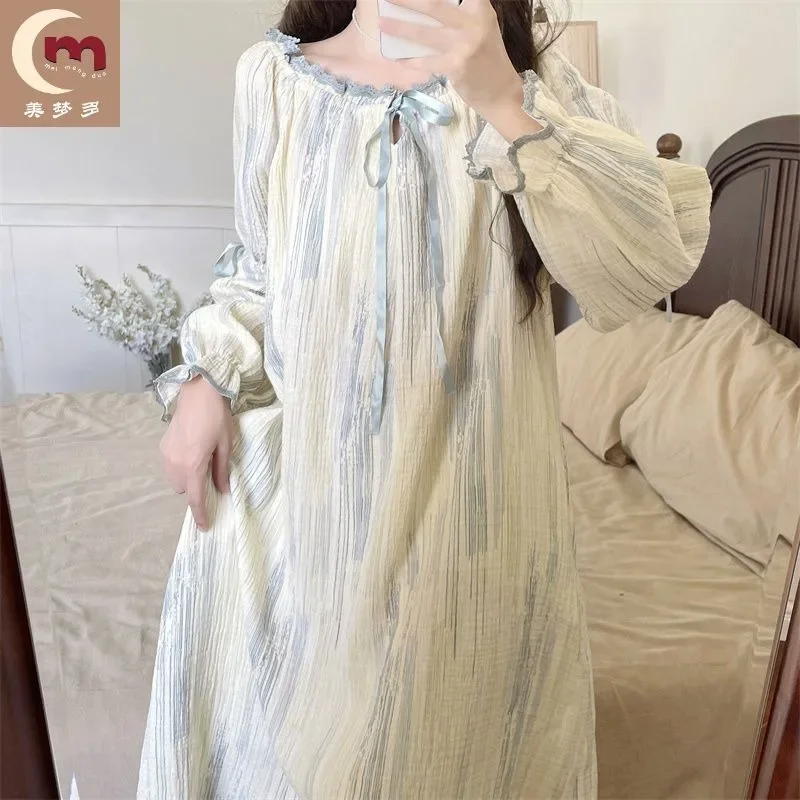 100% Cotton Pajamas Female Spring and Autumn Long Sleeve Kawaii Can Be Worn Outside Loose Solid Color Summer Dress