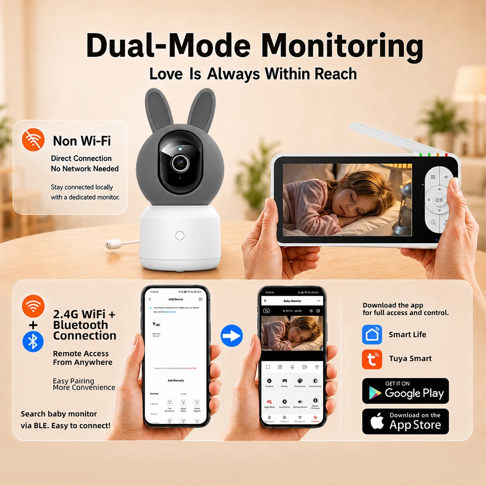 Tuya Baby Monitor PTZ Camera WiFi APP Remote View + 5Inch Monitor Local View Baby Sitter Two Way Audio Night Vision Baby Phone