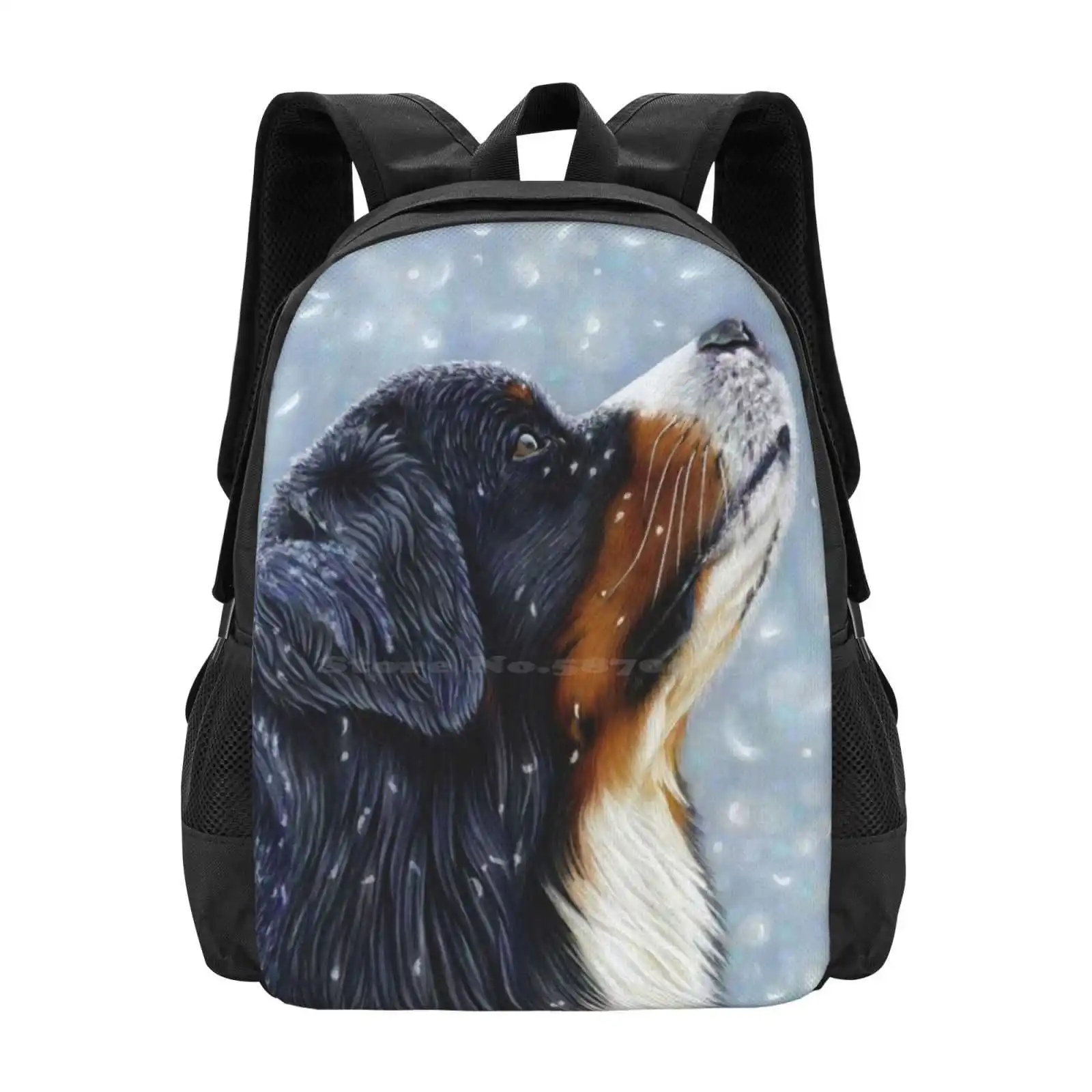 Blissful Blue - Bernese Mountain Dog Catching Snowflakes Hot Sale Schoolbag Backpack Fashion Bags Bernese Mountain Dog Bernese