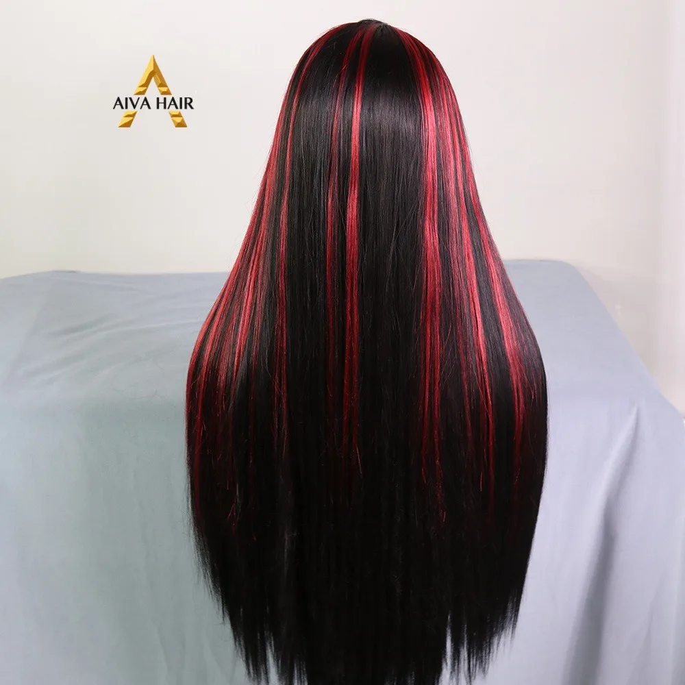 AIVA Straight Lace Front Wig for Woman New Synthetic Red Black Colour Cosplay Wig Drag Queen Glueless Heat Resistant Preplucked