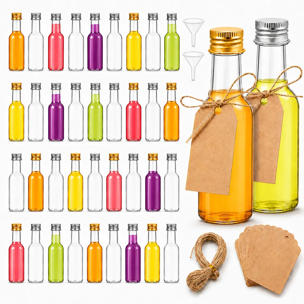 Mini Liquor Bottles Set 1.7oz Plastic Spirit Bottles Silver/ Gold Caps Alcohol Shot Bottles with Funnels Kraft Tags Rope