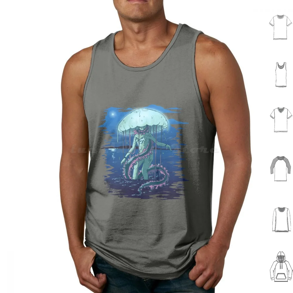 Rise Tank Tops Print Cotton Jellyfish Jelly Moon Mermaid Lake Night Yokai Spirit Sfw Siren Creepy Eerie Knusktorr Oc Shore