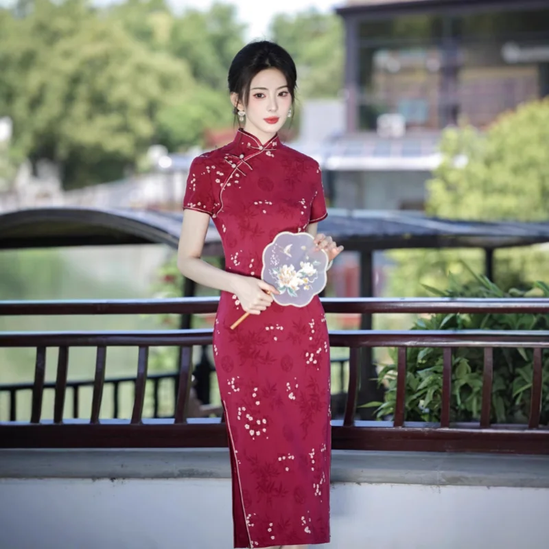 

qipao dress modern style traditional women's clothing linen fabric green yellow red premium outfit high end low slit cheongsam