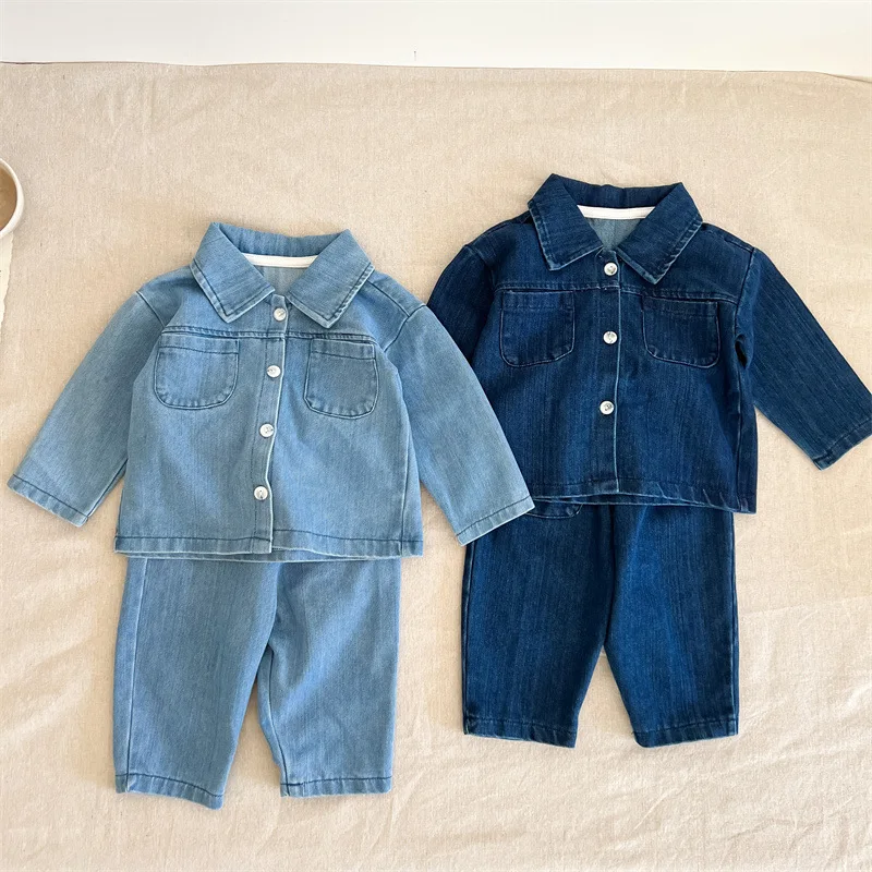 

Spring and Autumn Baby Long Sleeve Cowboy Shirt Coat Long Pants Two Piece Set for Middle and Small Children's Fashionable Set