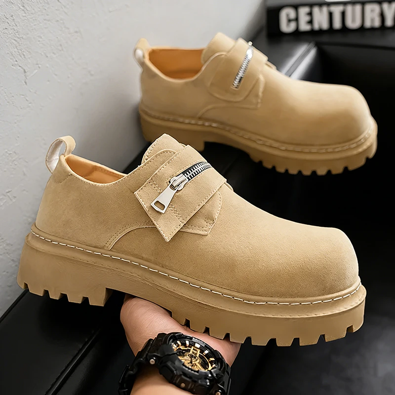 

2025 Mens British Retro Wide Round-Toe Derby Shoes Chunky Platform Casual Leather Boots Trendy Streetwear Footwear for Wide Feet