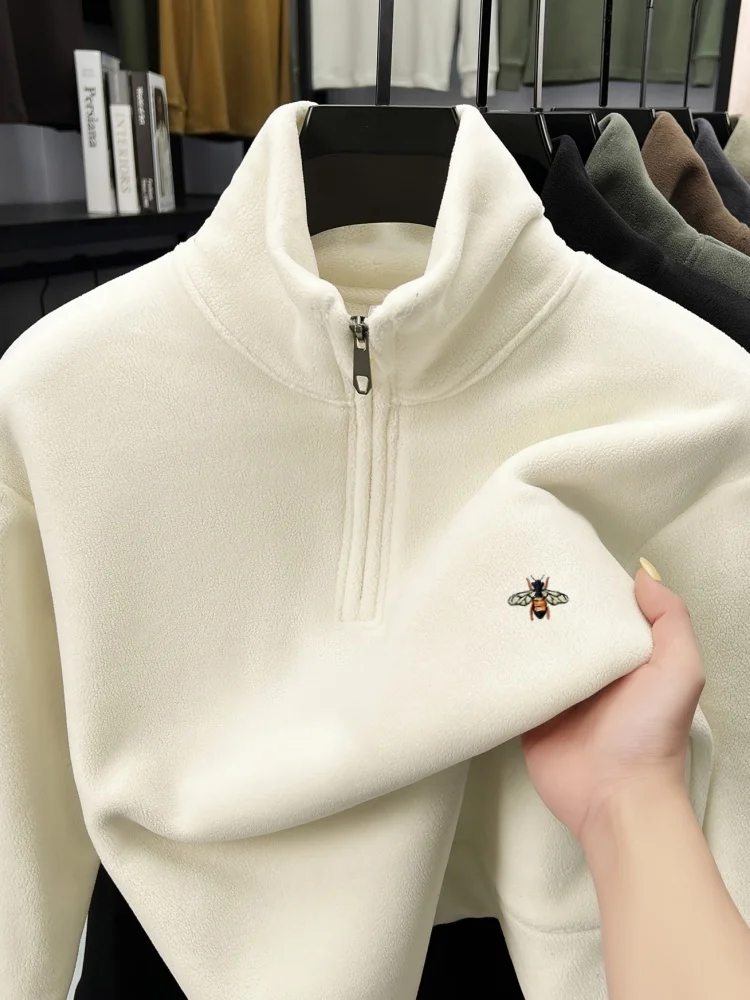 

Fashion bee embroidery men's new sports top luxury brand skin friendly warm plush comfort half zipper stand up collar pullover