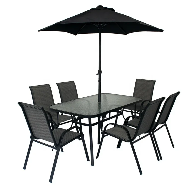 

Outdoor patio dining steel table and 6 stackable chairs garden bistro furniture set with umbrella