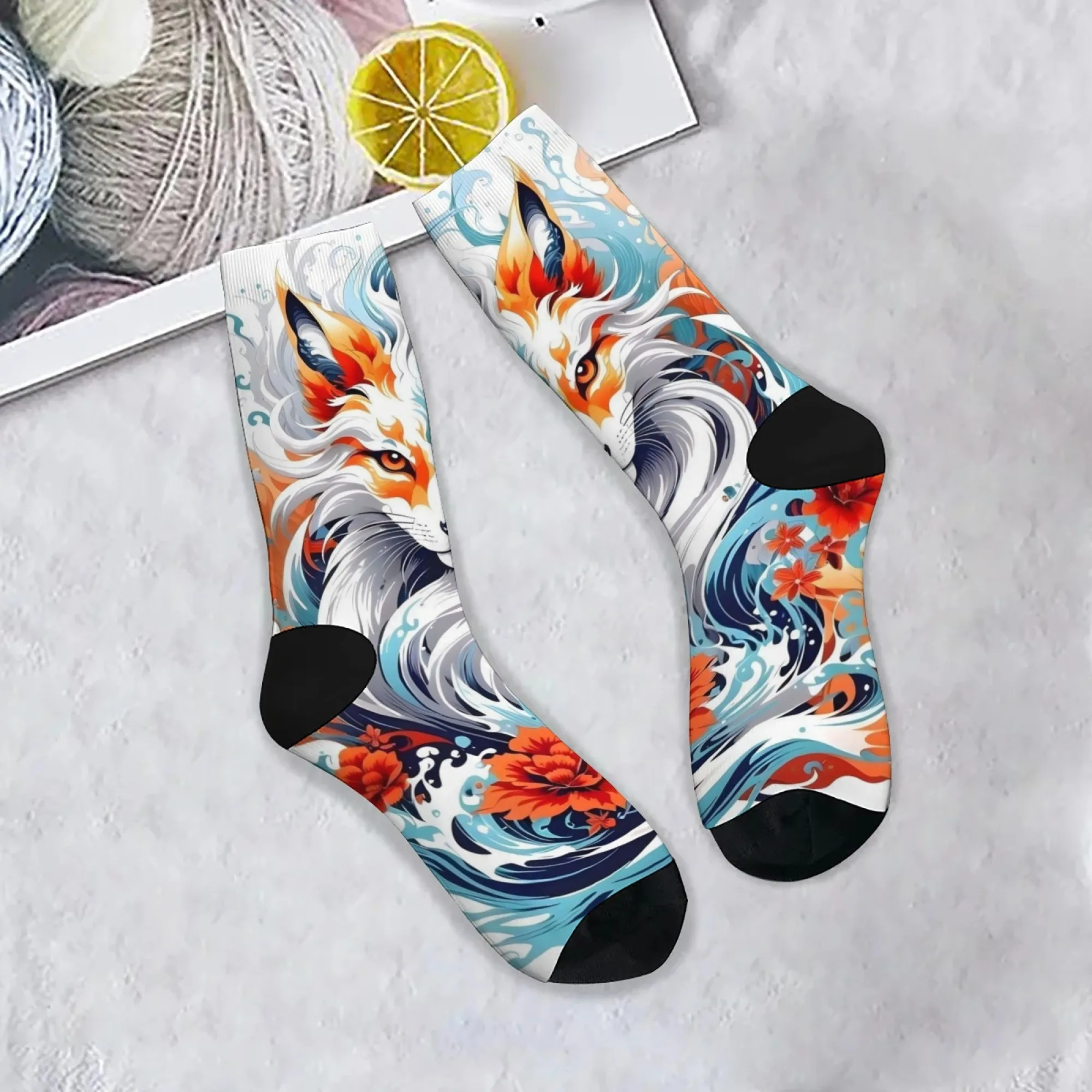 Wave Flower Art Fox Socks Novelty Funny Men's Socks Harajuku Retro Fashion Casual Socks Comfortable Warm Non-slip Unisex Gift