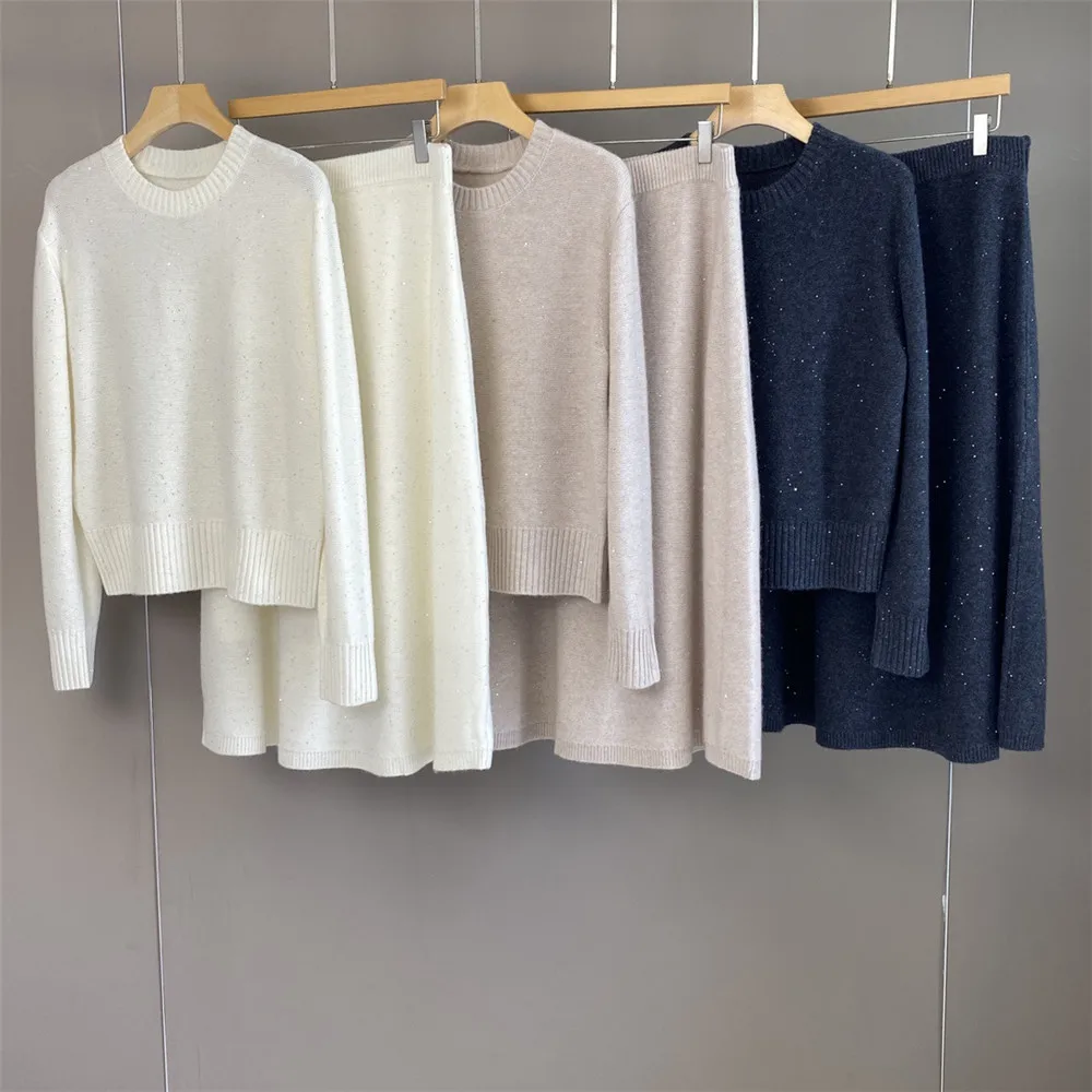 

2025 Autumn And Winter New Women's Cashmere Sequin Round Neck Long Sleeve Top + Versatile Elastic Waist Skirt Two-Piece Set