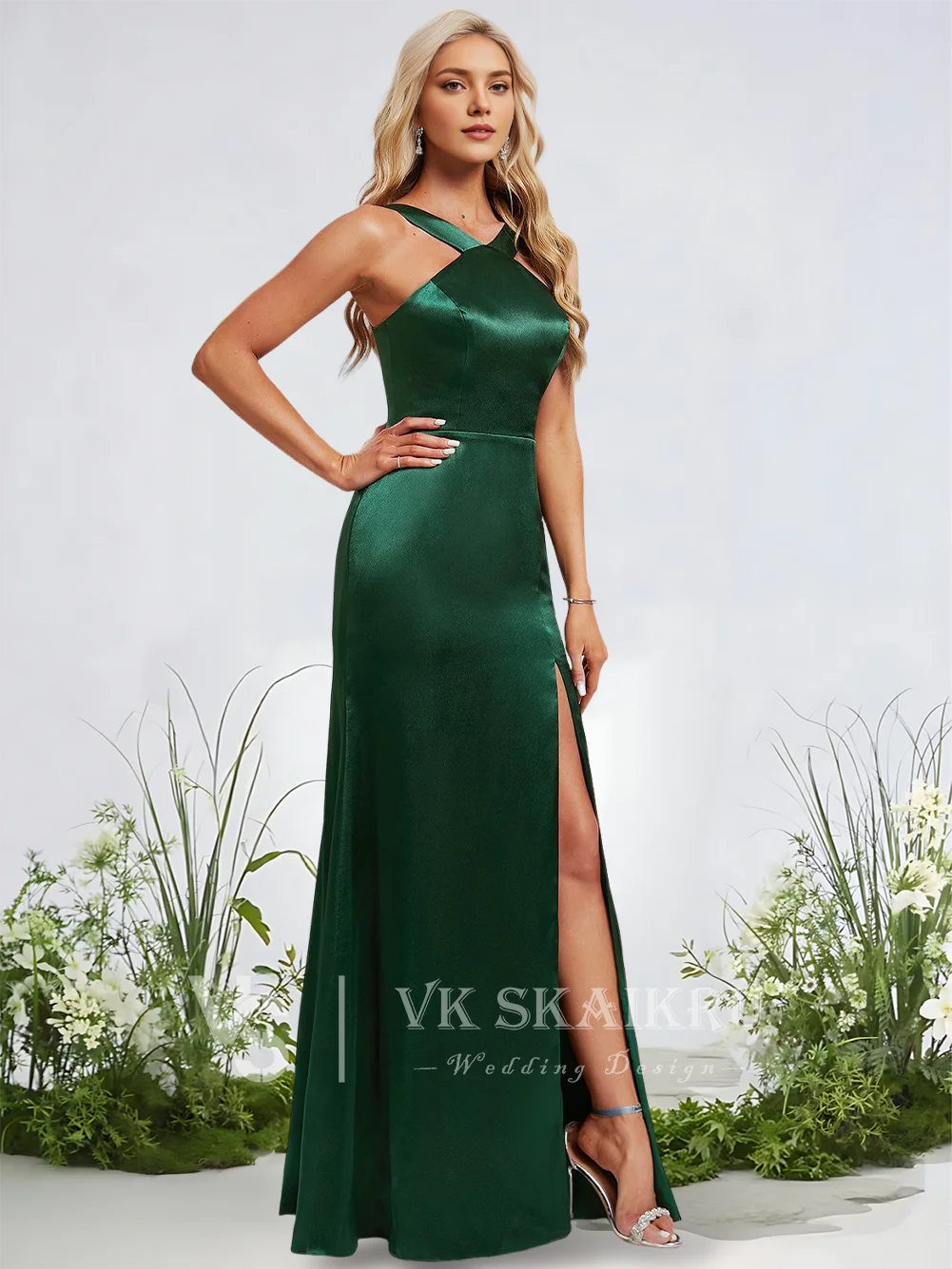 

QC Green Women Bridesmaid Dresses Wedding Halter Floor-Length Stretch Satin Mermaid Dress Luxury Wedding Party Dress for Women
