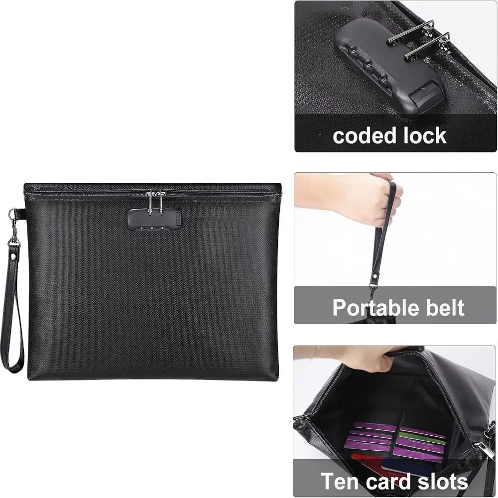 

Heat-resistant Code Lock Fireproof Document Bag with Lock Portable Zipper Cash Pouch Waterproof 10 Card Slots Document Case