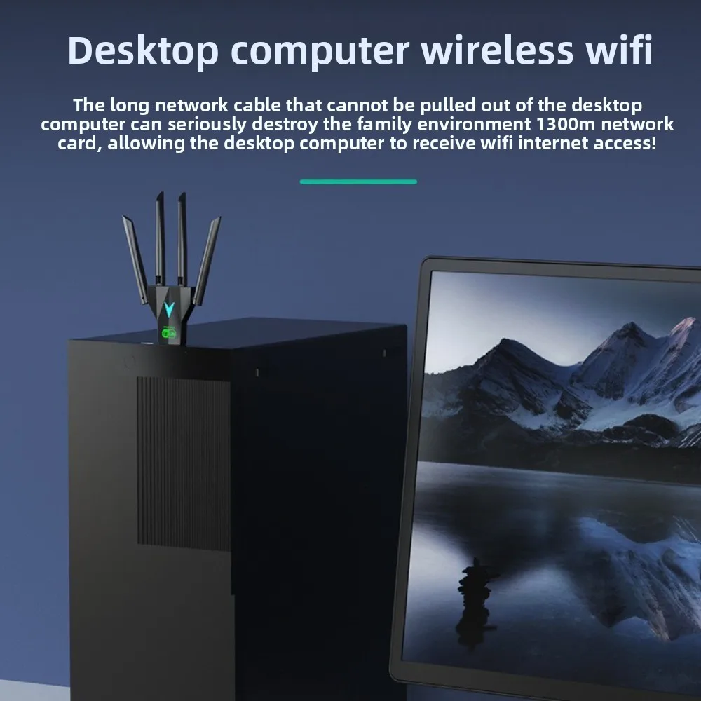 4-Antenna Design Dual Band WiFi USB Adapter Dual Band 2.4G/5Ghz USB3.0 Interface 1300Mbps WiFi Dongle Receiver Powerful