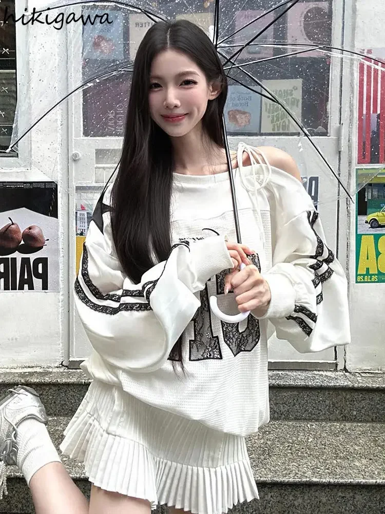 Hoodie Harajuku pakaian wanita Off Shoulder renda seksi huruf Y2k atasan 2024 Ropa Mujer perban kasual Chic kaus ukuran besar