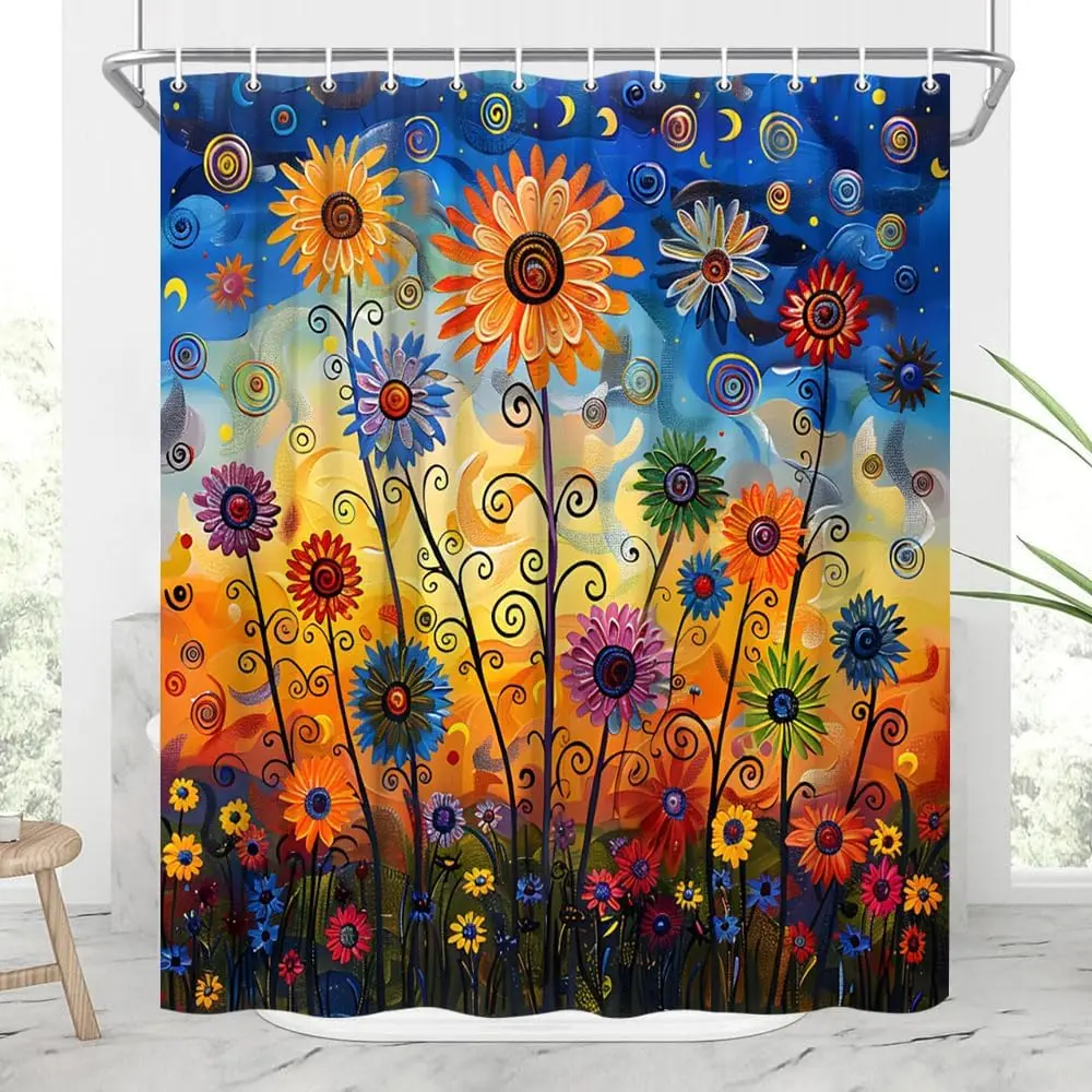 Boho Floral Botanical Shower Curtain Mid Century Morden Abstract Bohemian Flowers Tropical Leaves Dark Green Bohemian Flowers