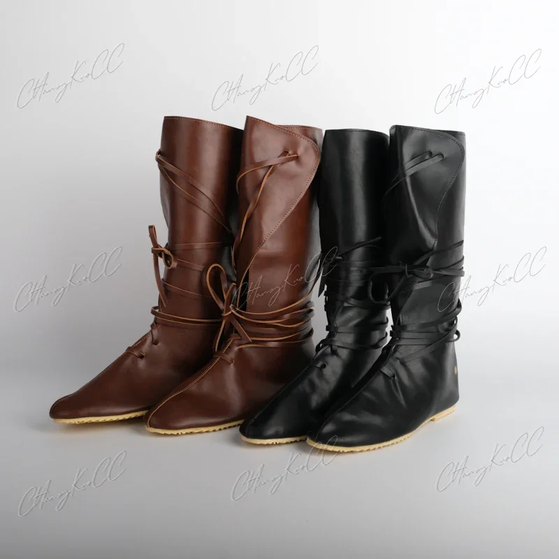 Traje Steampunk gótico medieval para homens e mulheres, botas de cavaleiro, Viking PU Leather, Warrior Cosplay Boots, Carnival Party Shoes, Props