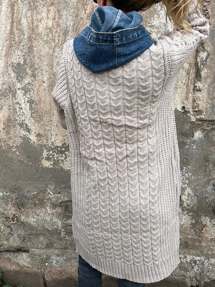 Outono inverno sólido retalhos chiques suéteres, feminino casual manga longa simples topos, com capuz todos os jogos senhoras cardigan streetwear