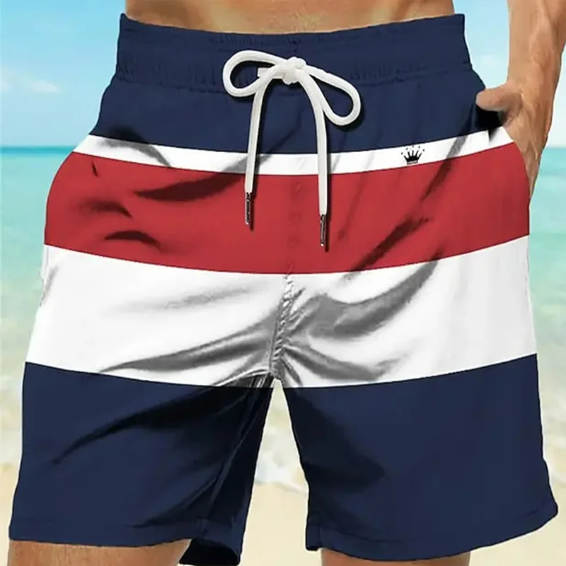 Men\'s Striped 3D Printed Swim Shorts Crown Logo Design Elastic Waistband Hawaiian Style Beach and Vacation Summer 2024